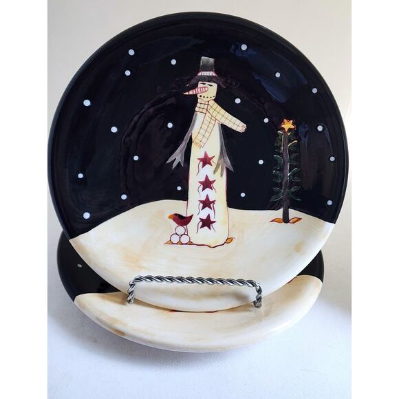 PLATES-SALAD/DESSERT-Certified Int'l-Becca Barton-Holiday -Black Cream-Snowman-2 - Picture 1 of 8